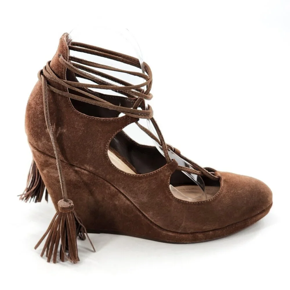 SCHUTZ Brown Suede Lace Up Wedge Heel Pumps With Tassels